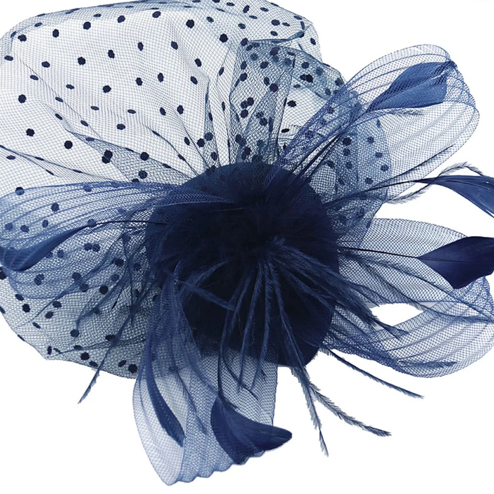 BNWT NAVY BLUE FASCINATOR WITH FEATHERS & POLKA DOT VEIL & ORGANZA RIBBONS - Picture 2 of 8